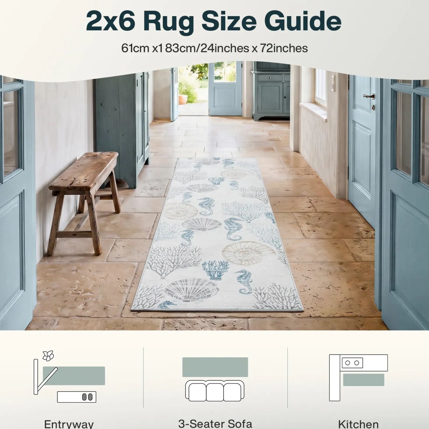 2x6/5x7/8x10 Boho Coastal Area Rug, Washable Non Slip Animal Indoor Carpet for Living room Bedroom, Oeko-Tex Certified