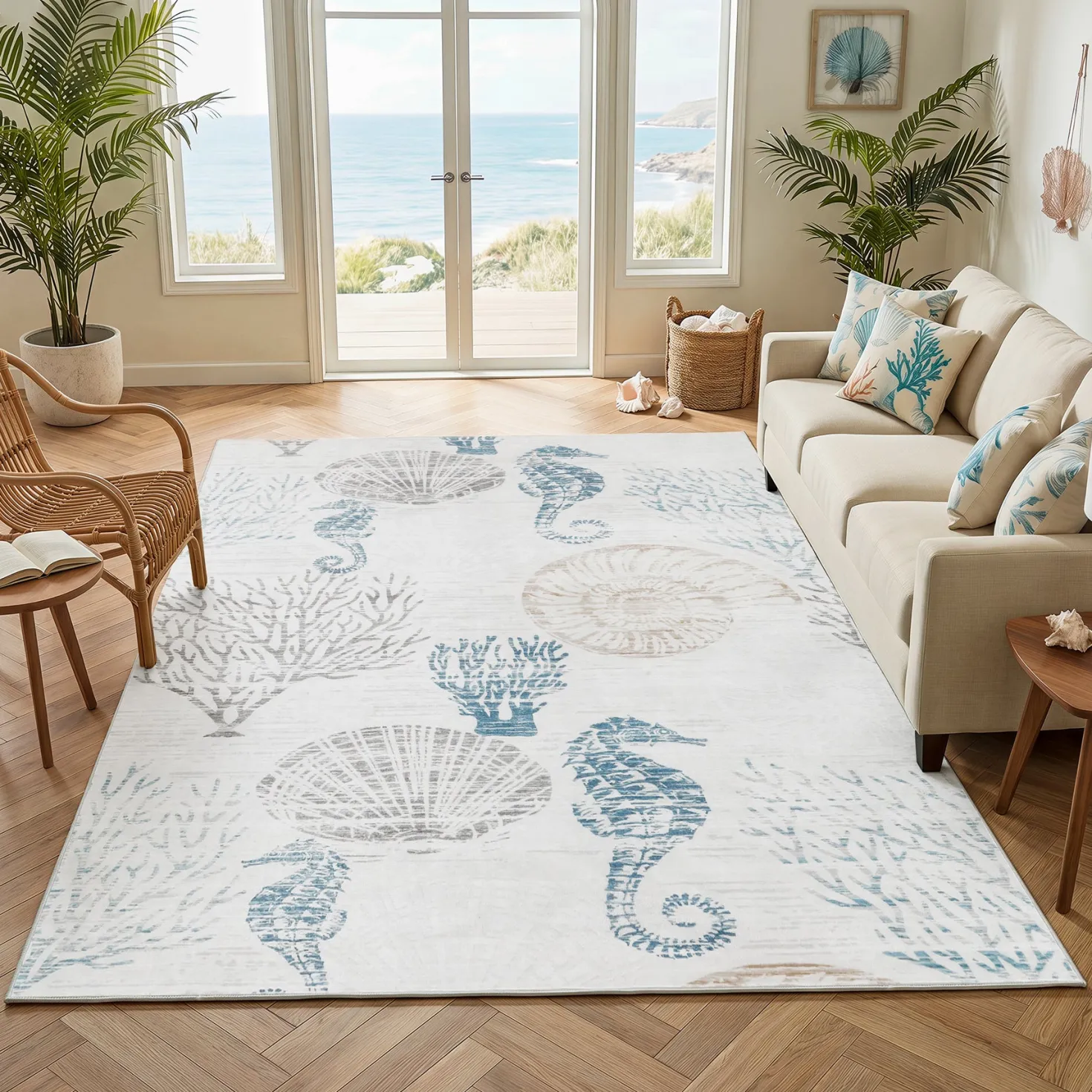 2x6/5x7/8x10 Boho Coastal Area Rug, Washable Non Slip Animal Indoor Carpet for Living room Bedroom, Oeko-Tex Certified