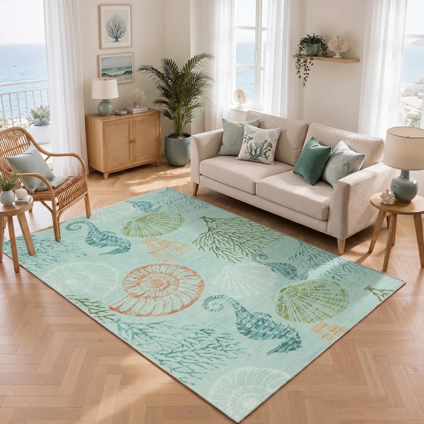 2x6/5x7/8x10 Boho Coastal Area Rug, Washable Non Slip Animal Indoor Carpet for Living room Bedroom, Oeko-Tex Certified