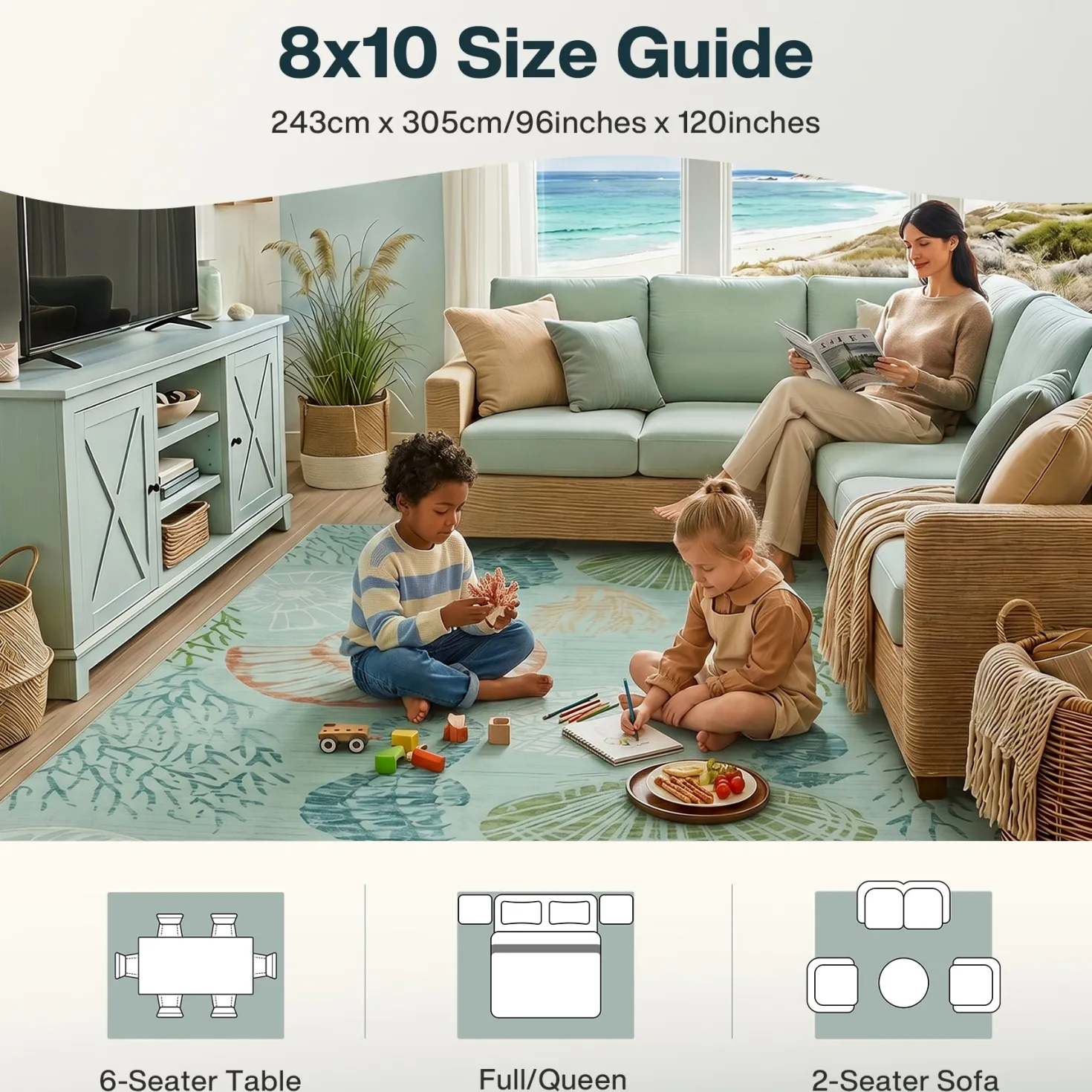 2x6/5x7/8x10 Boho Coastal Area Rug, Washable Non Slip Animal Indoor Carpet for Living room Bedroom, Oeko-Tex Certified