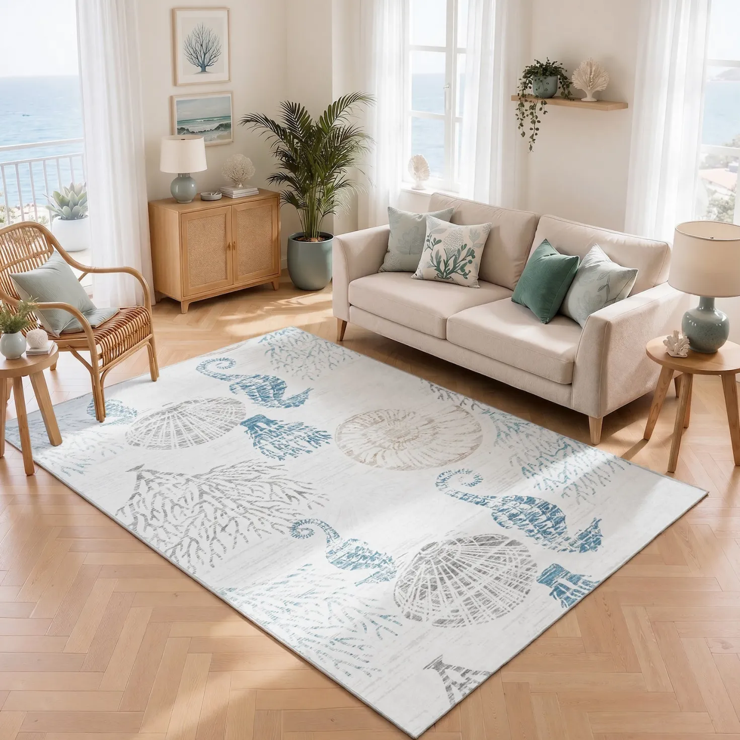 2x6/5x7/8x10 Boho Coastal Area Rug, Washable Non Slip Animal Indoor Carpet for Living room Bedroom, Oeko-Tex Certified