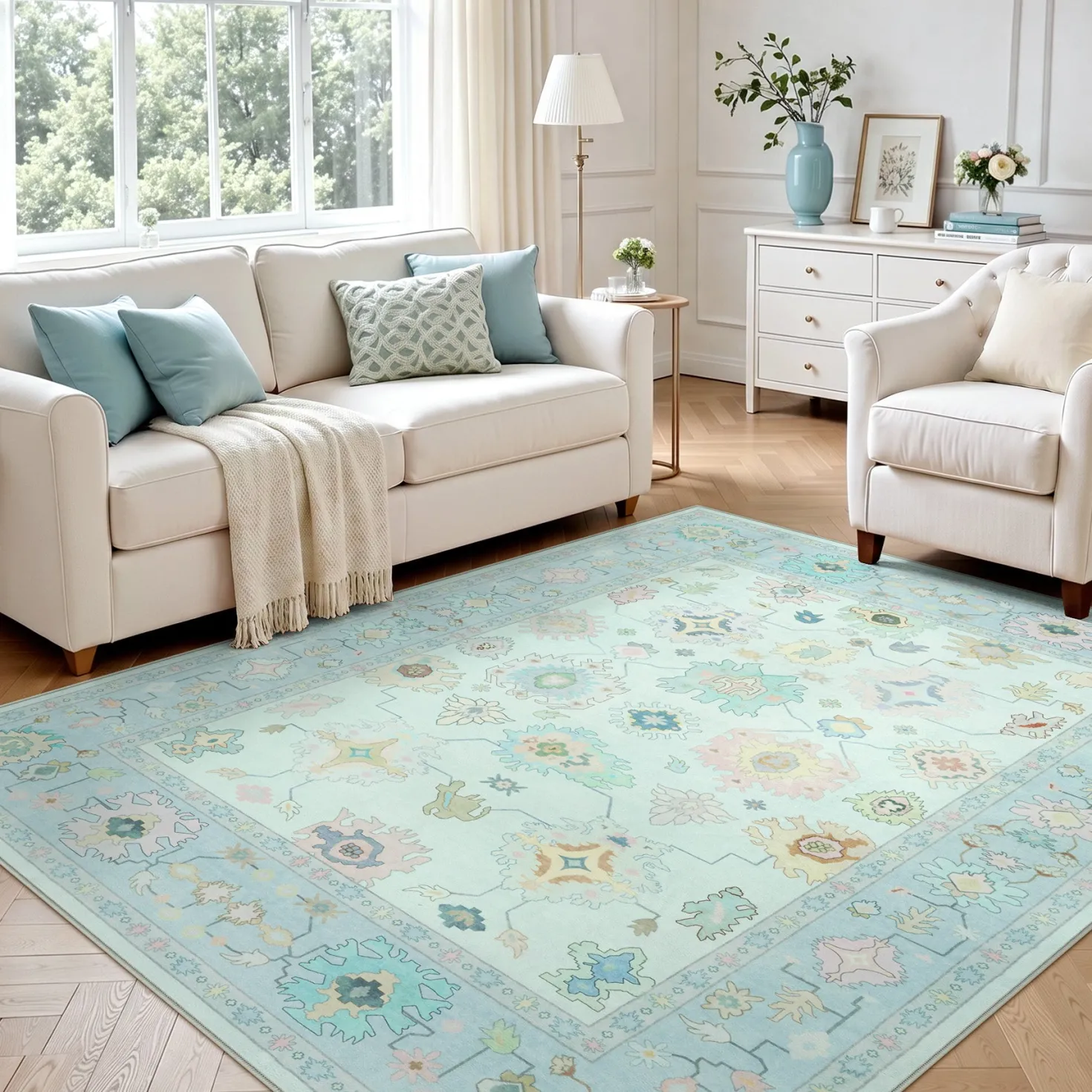 5x7/8x10/9x12 Boho Oushak Area Rug, Colorful Washable Non-Slip Indoor Carpet Oriental Floral, Oeko-Tex Certified
