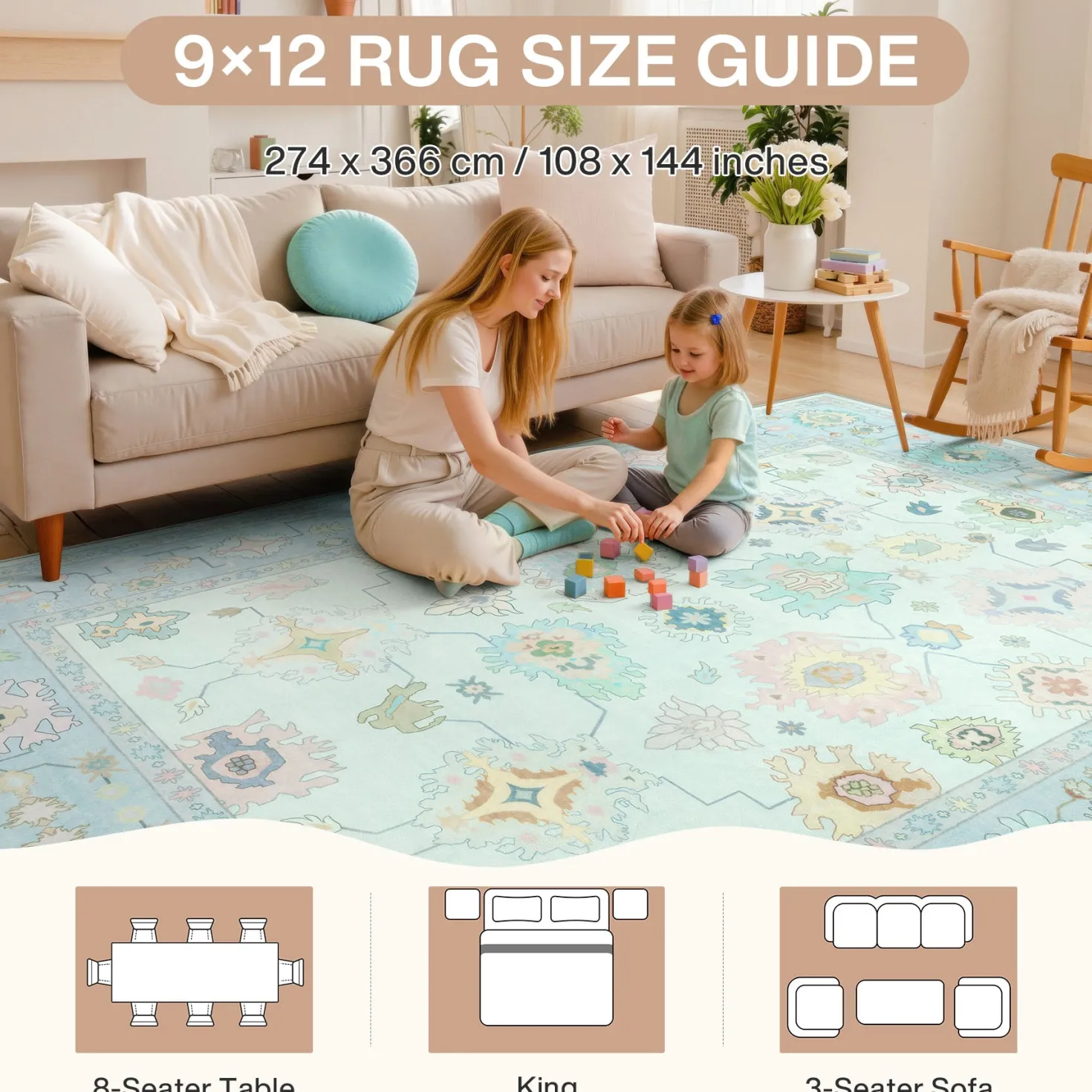 5x7/8x10/9x12 Boho Oushak Area Rug, Colorful Washable Non-Slip Indoor Carpet Oriental Floral, Oeko-Tex Certified
