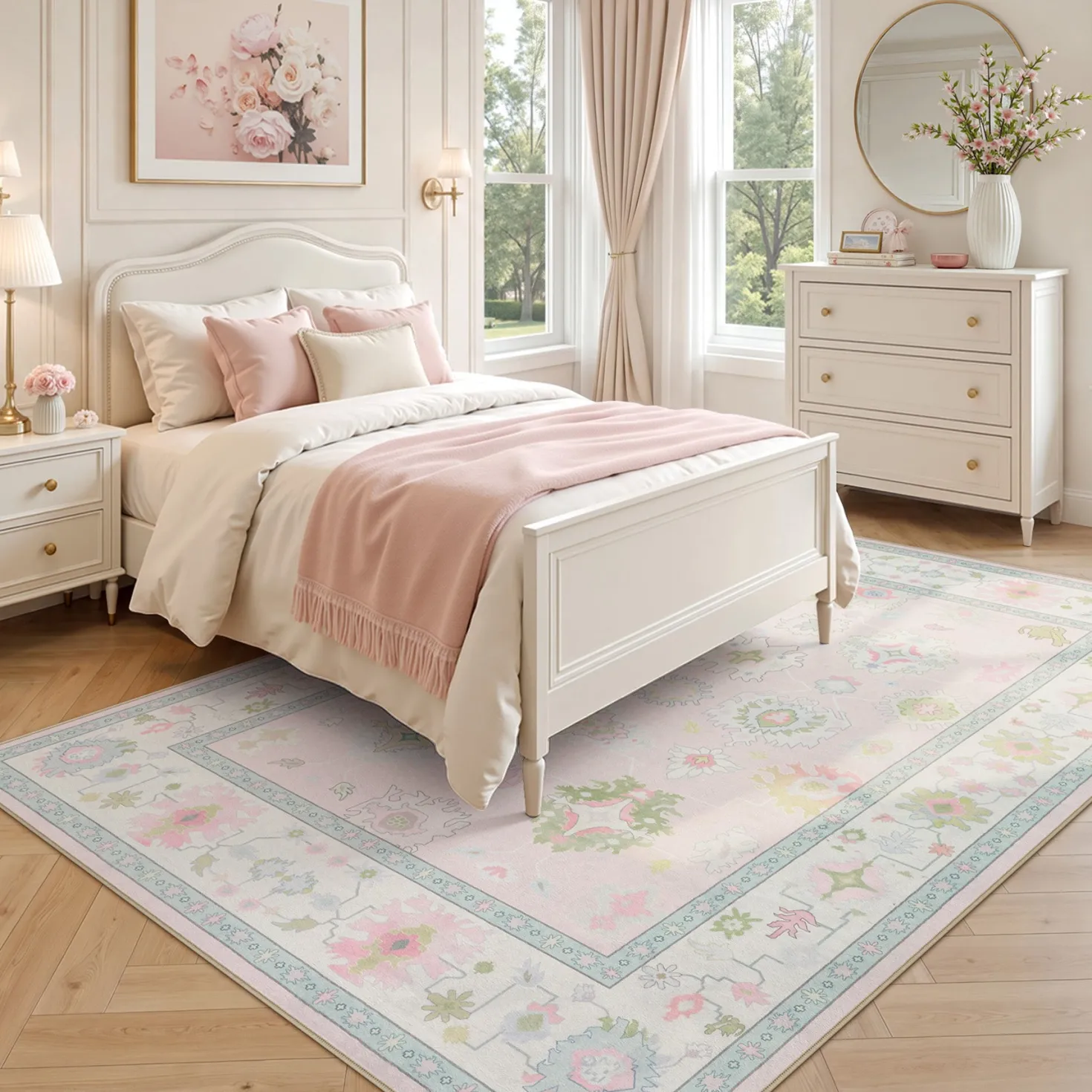 5x7/8x10/9x12 Boho Oushak Area Rug, Colorful Washable Non-Slip Indoor Carpet Oriental Floral, Oeko-Tex Certified