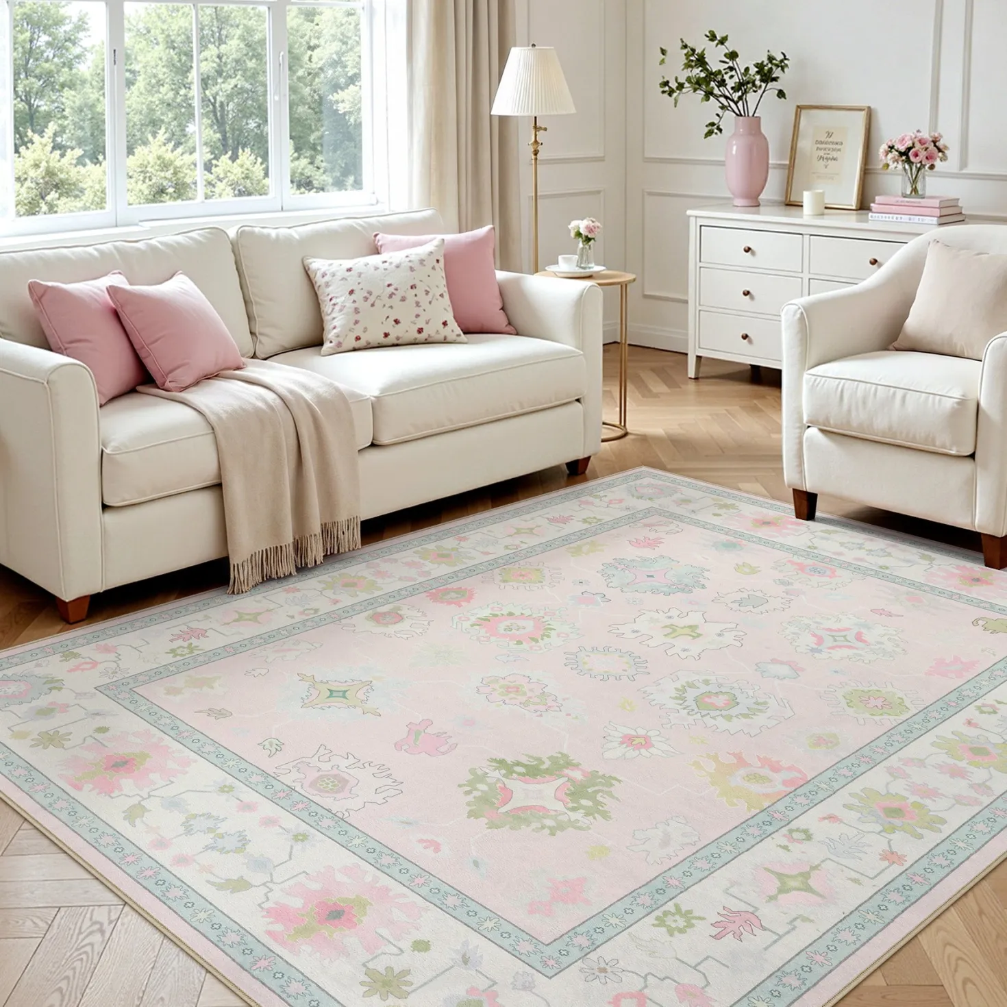 5x7/8x10/9x12 Boho Oushak Area Rug, Colorful Washable Non-Slip Indoor Carpet Oriental Floral, Oeko-Tex Certified
