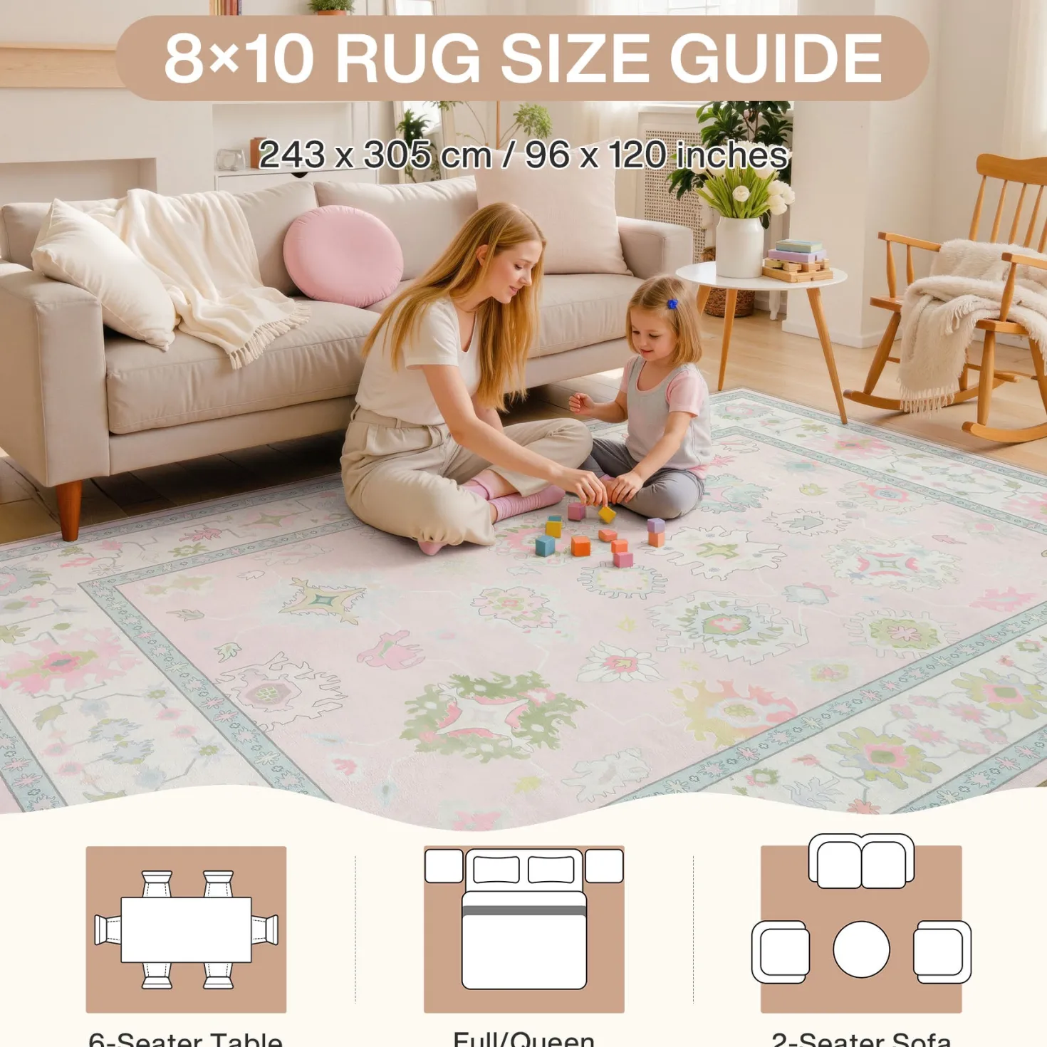 5x7/8x10/9x12 Boho Oushak Area Rug, Colorful Washable Non-Slip Indoor Carpet Oriental Floral, Oeko-Tex Certified