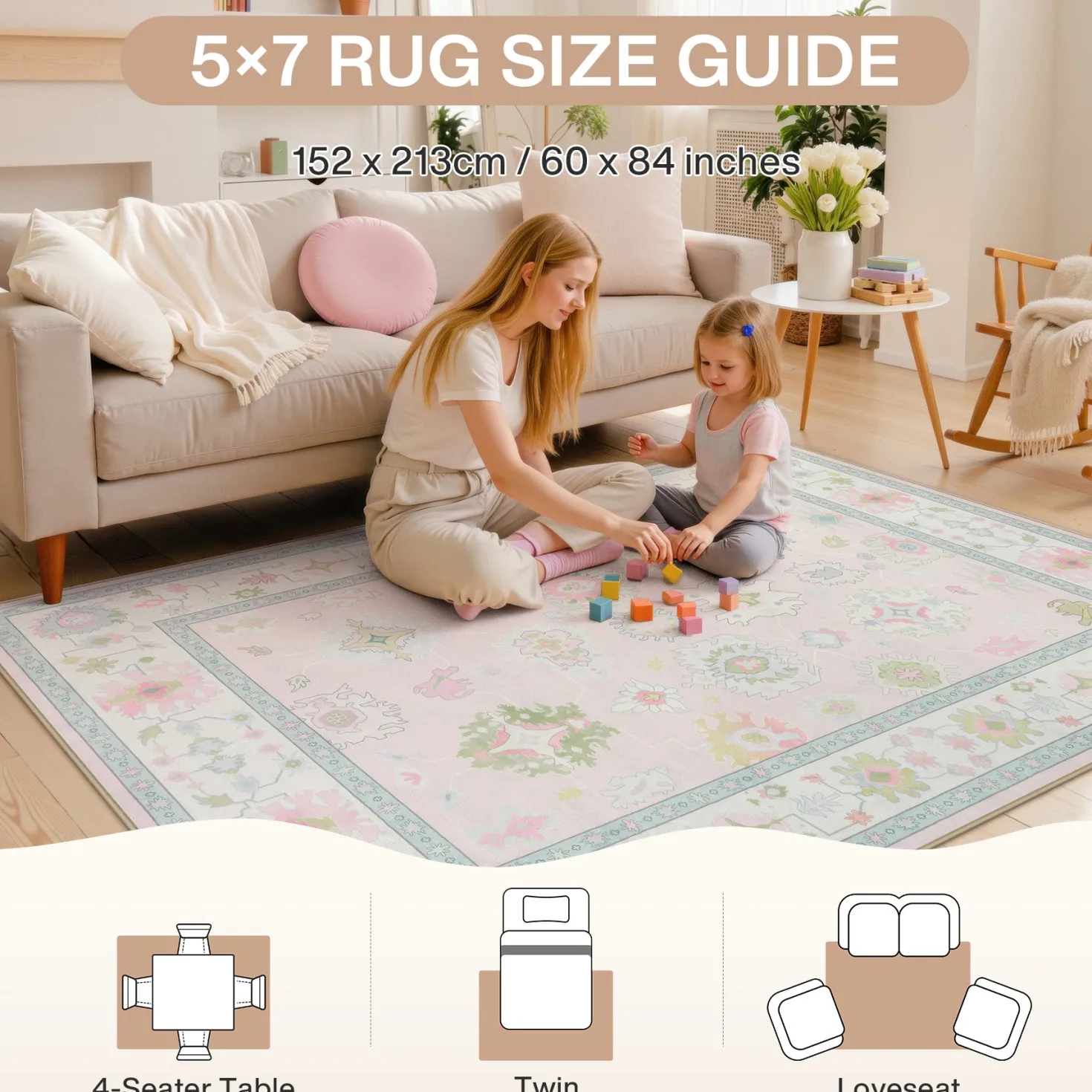5x7/8x10/9x12 Boho Oushak Area Rug, Colorful Washable Non-Slip Indoor Carpet Oriental Floral, Oeko-Tex Certified