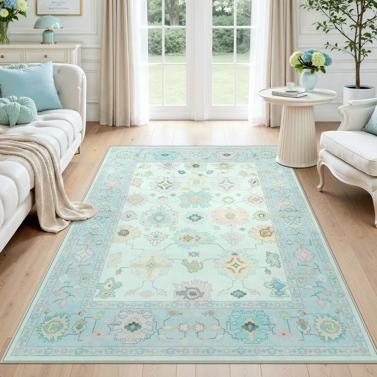 5x7/8x10/9x12 Boho Oushak Area Rug, Colorful Washable Non-Slip Indoor Carpet Oriental Floral, Oeko-Tex Certified