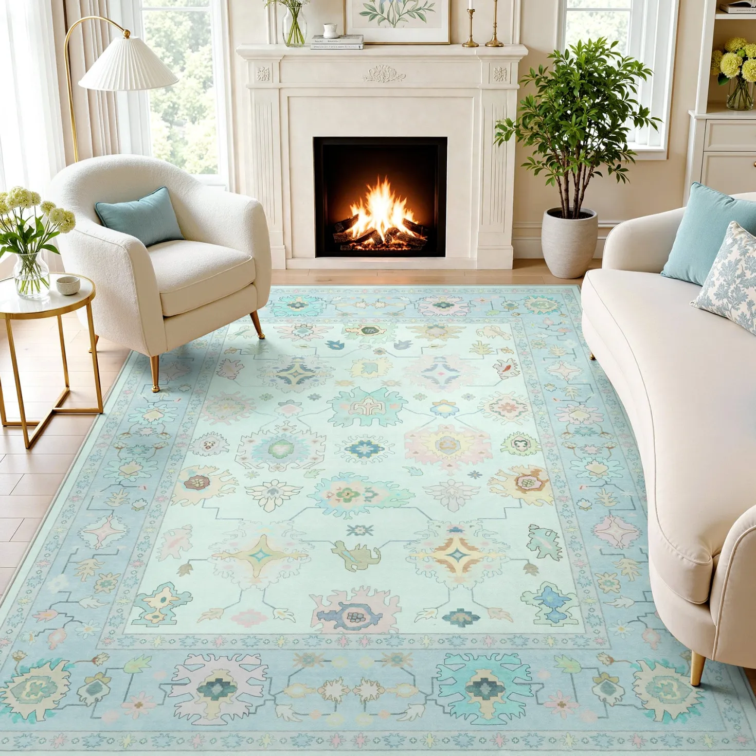 5x7/8x10/9x12 Boho Oushak Area Rug, Colorful Washable Non-Slip Indoor Carpet Oriental Floral, Oeko-Tex Certified