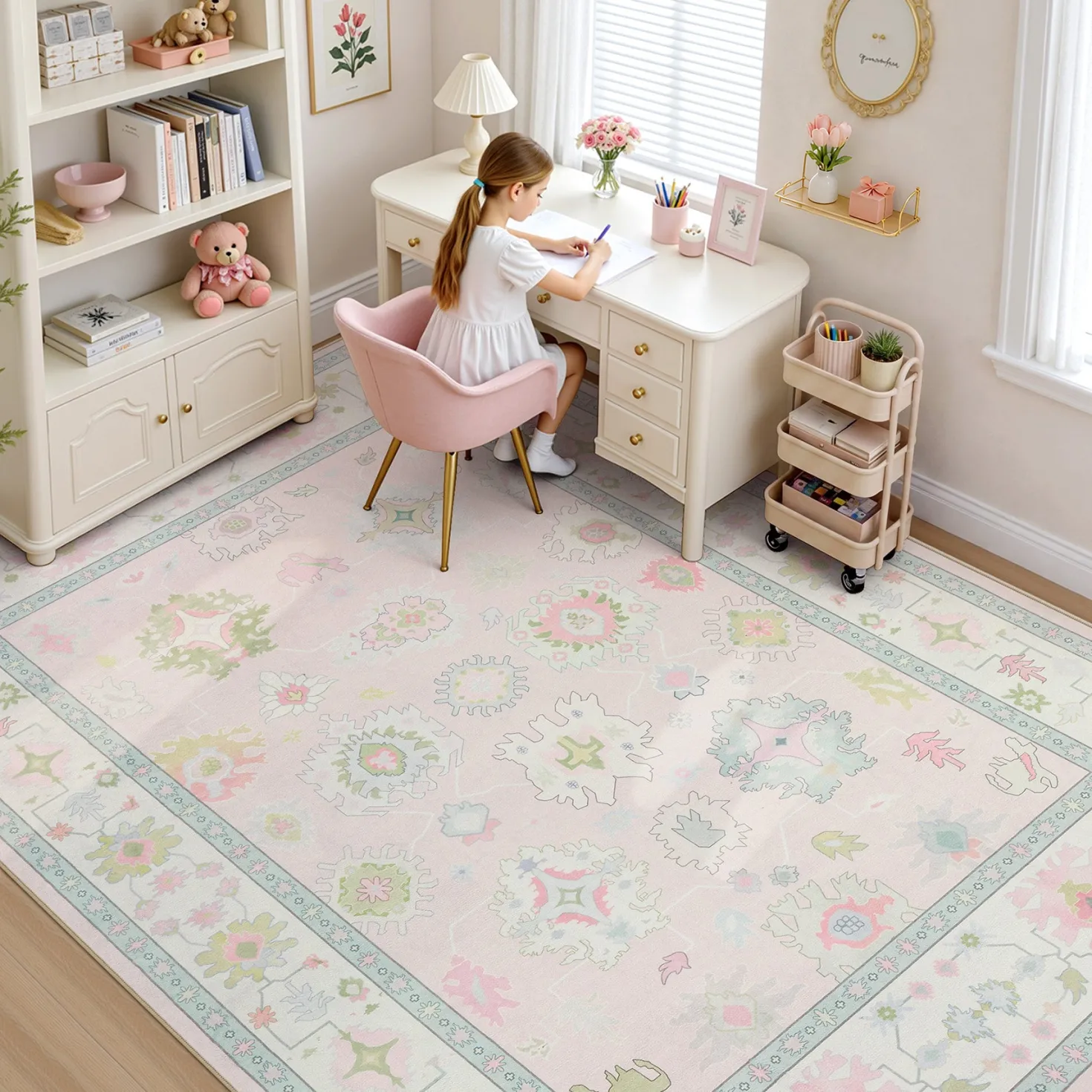 5x7/8x10/9x12 Boho Oushak Area Rug, Colorful Washable Non-Slip Indoor Carpet Oriental Floral, Oeko-Tex Certified