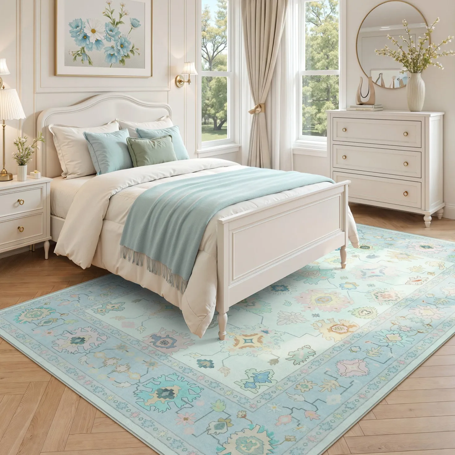 5x7/8x10/9x12 Boho Oushak Area Rug, Colorful Washable Non-Slip Indoor Carpet Oriental Floral, Oeko-Tex Certified