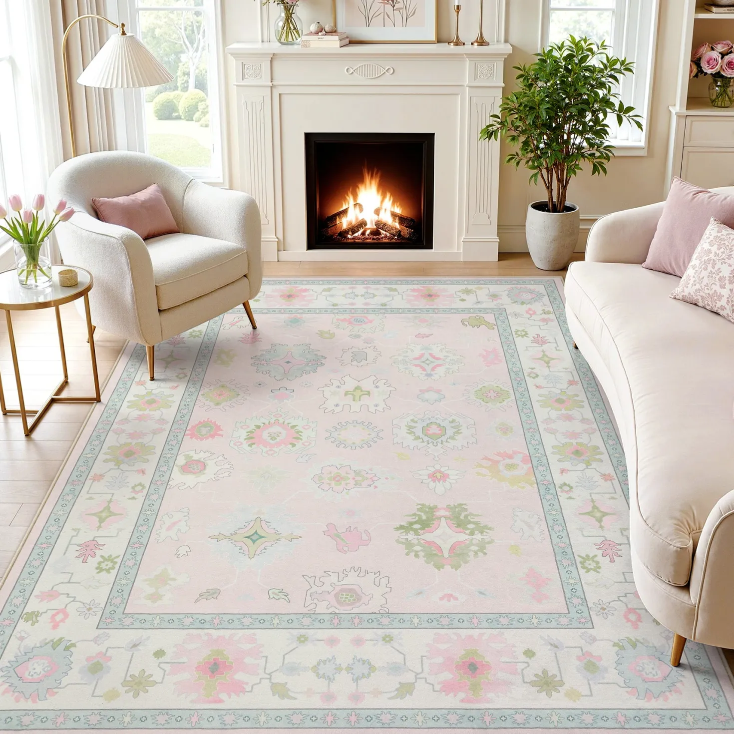 5x7/8x10/9x12 Boho Oushak Area Rug, Colorful Washable Non-Slip Indoor Carpet Oriental Floral, Oeko-Tex Certified
