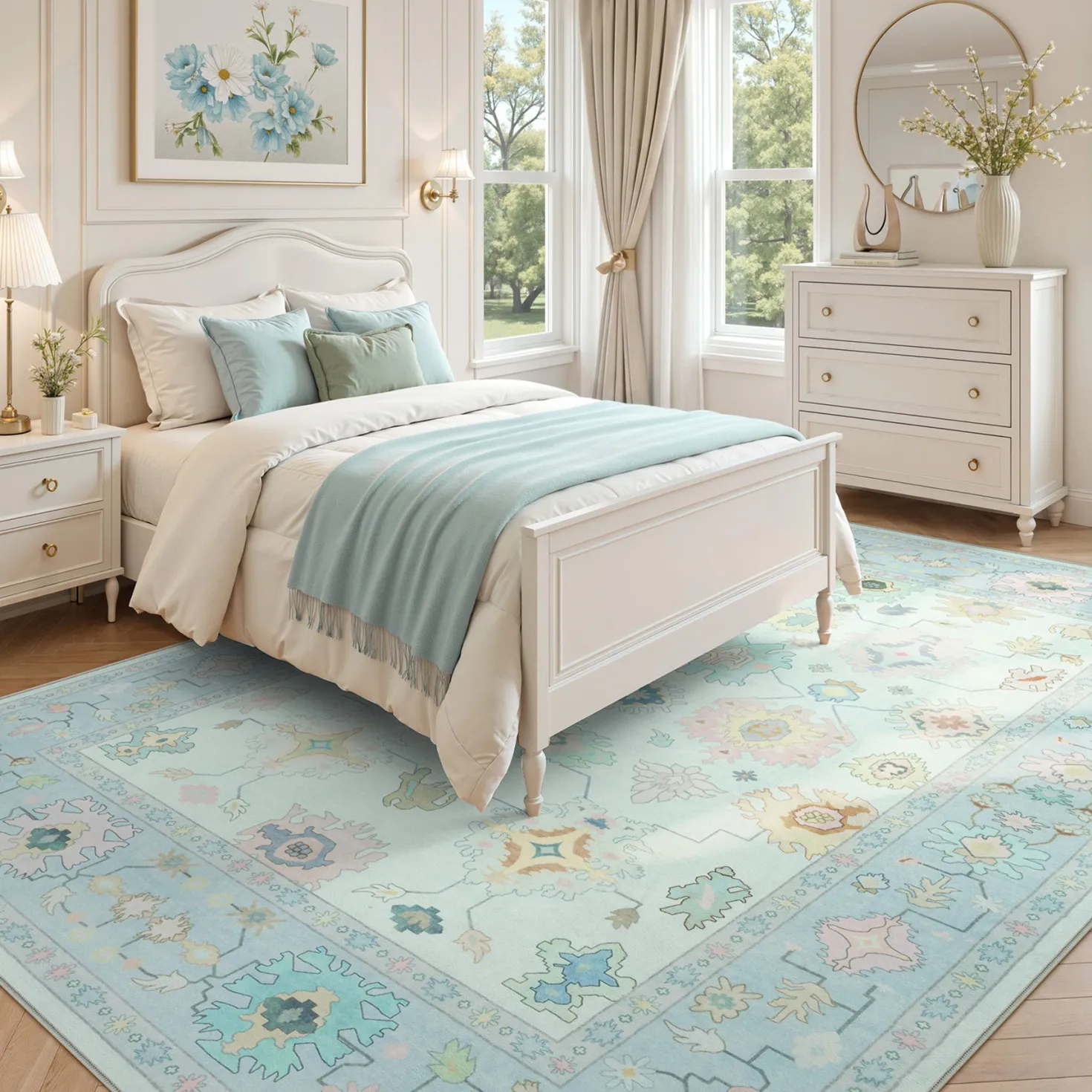 5x7/8x10/9x12 Boho Oushak Area Rug, Colorful Washable Non-Slip Indoor Carpet Oriental Floral, Oeko-Tex Certified