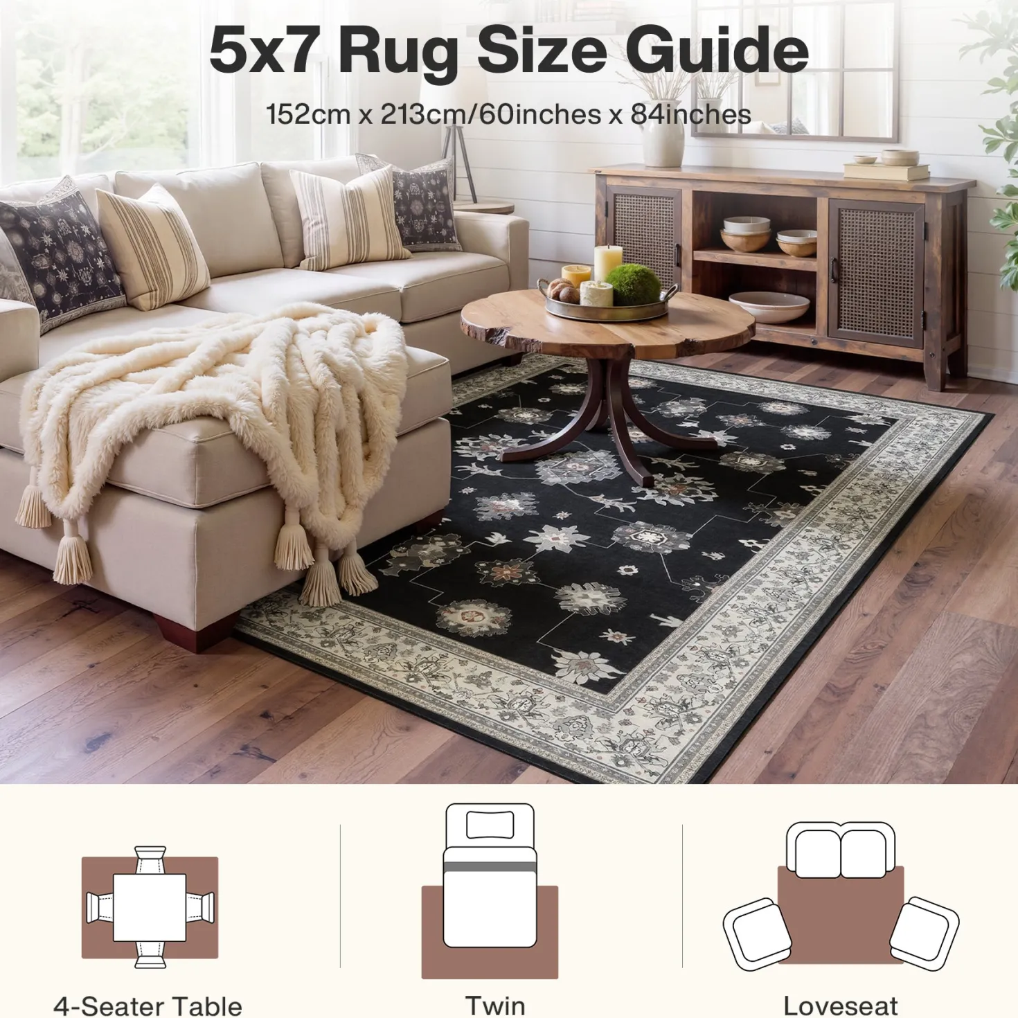 5x7/8x10/9x12 Boho Washable Area Rug, Farmhouse Vintage Ultra Thin Indoor Non-Slip Carpet for Living Room, Oeko-Tex Certified