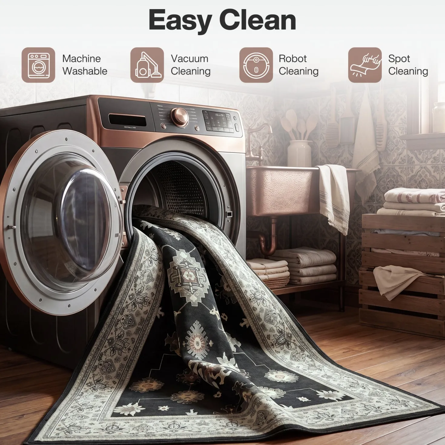 5x7/8x10/9x12 Boho Washable Area Rug, Farmhouse Vintage Ultra Thin Indoor Non-Slip Carpet for Living Room, Oeko-Tex Certified