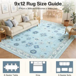 5x7/8x10/9x12 Boho Washable Area Rug, Farmhouse Vintage Ultra Thin Indoor Non-Slip Carpet for Living Room, Oeko-Tex Certified