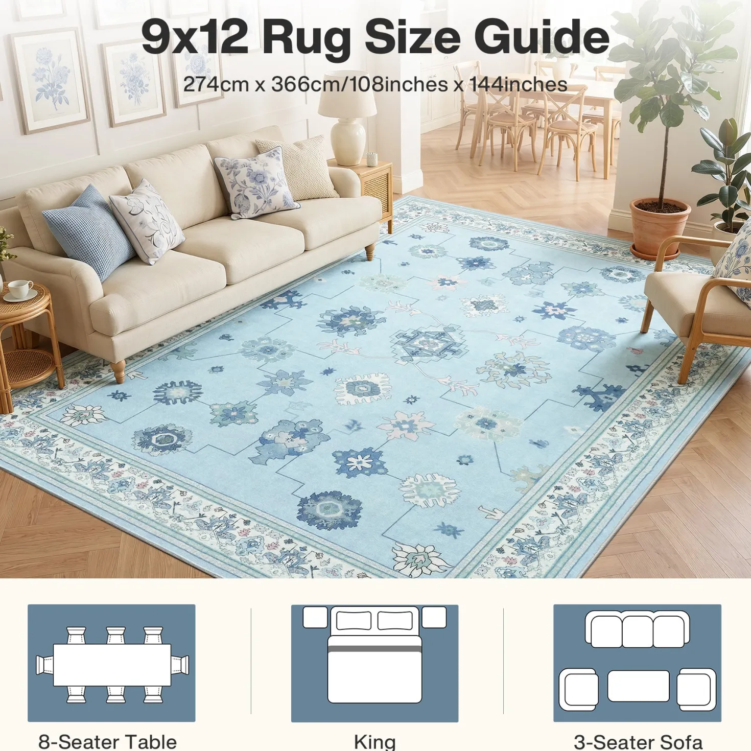 5x7/8x10/9x12 Boho Washable Area Rug, Farmhouse Vintage Ultra Thin Indoor Non-Slip Carpet for Living Room, Oeko-Tex Certified