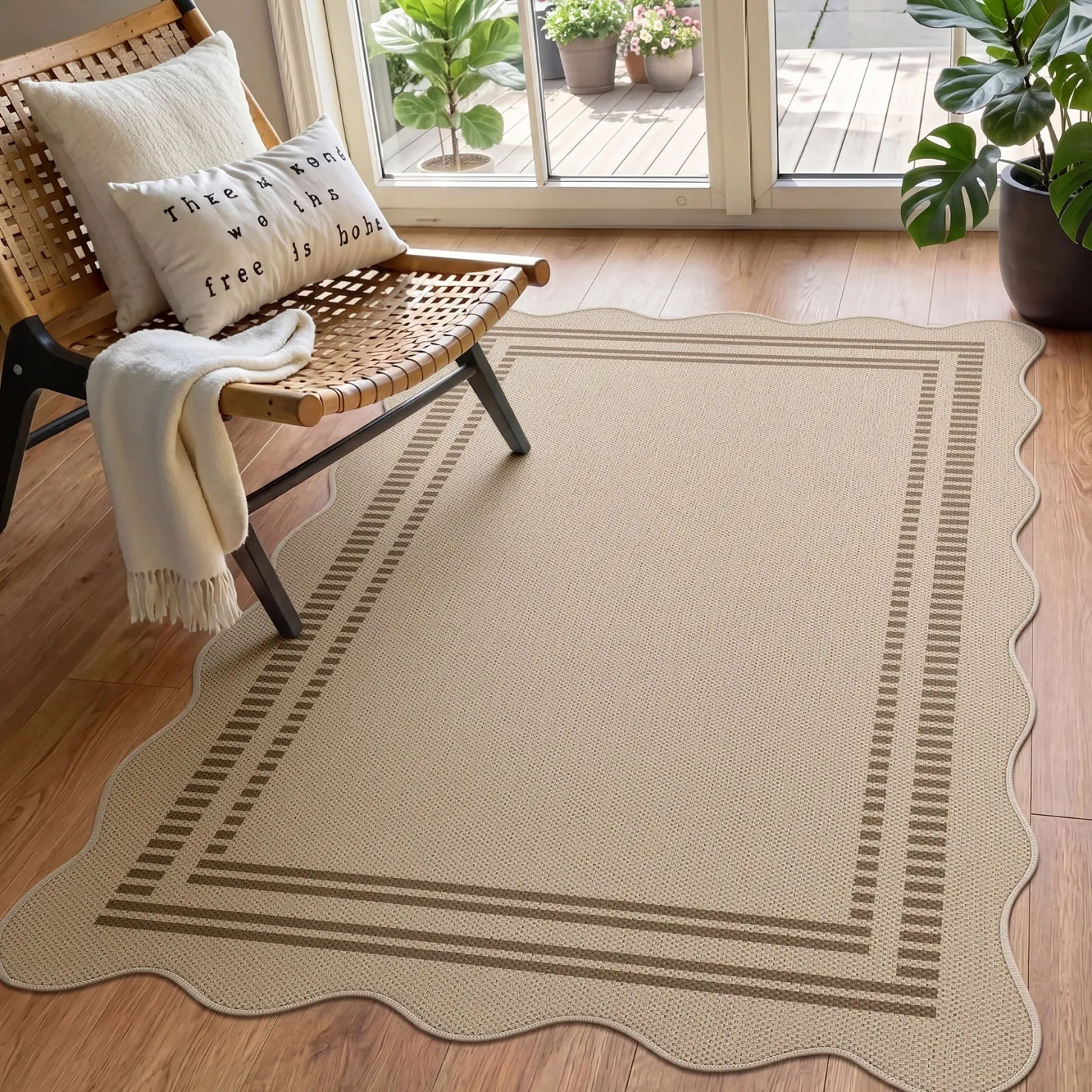 2x6/3x5/5x7 Scalloped Easy Jute Area Rugs, Tan/Checkered Washable Hallway Runner Non Slip Carpet, Oeko-Tex Certified