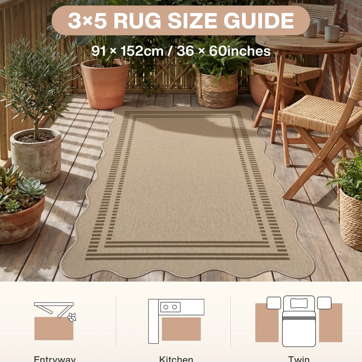 2x6/3x5/5x7 Scalloped Easy Jute Area Rugs, Tan/Checkered Washable Hallway Runner Non Slip Carpet, Oeko-Tex Certified