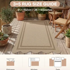 2x6/3x5/5x7 Scalloped Easy Jute Area Rugs, Tan/Checkered Washable Hallway Runner Non Slip Carpet, Oeko-Tex Certified
