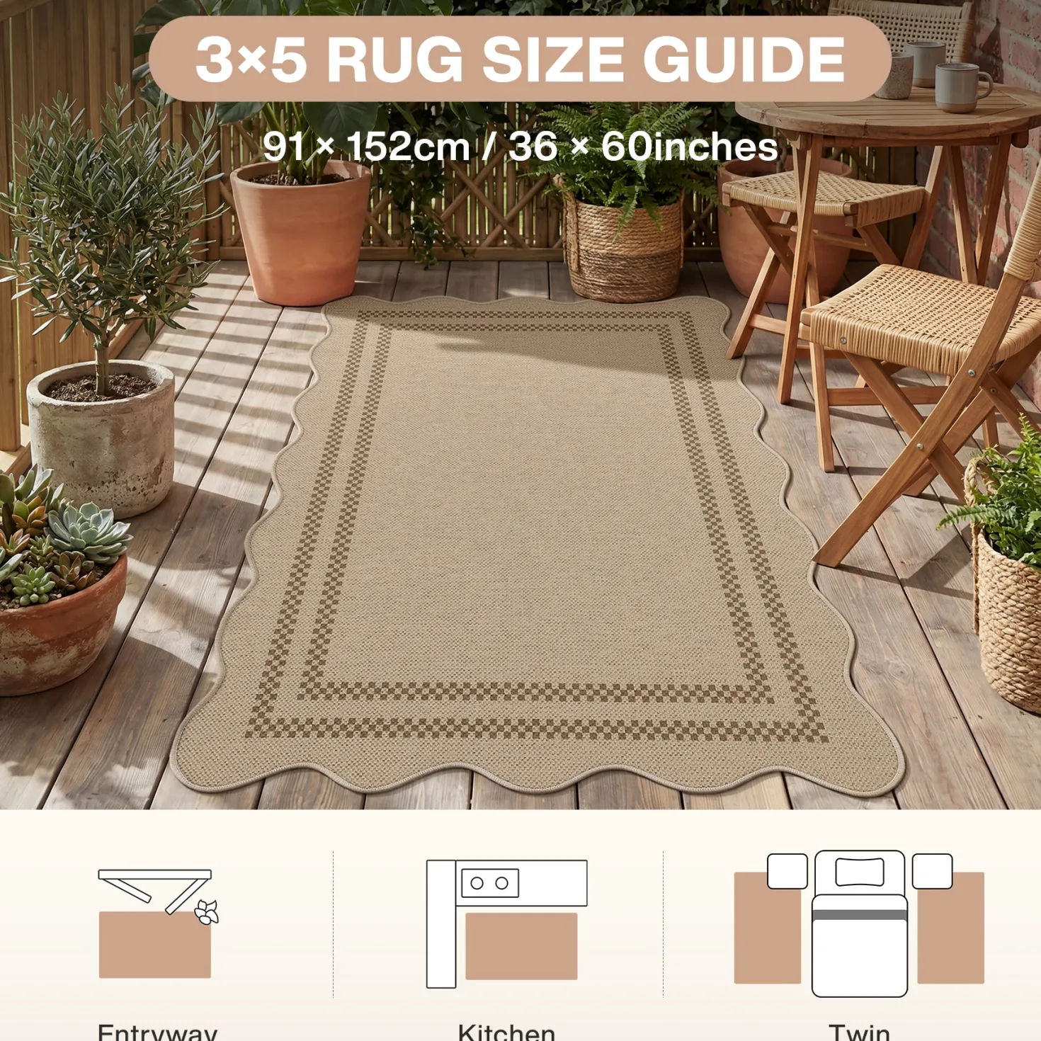 2x6/3x5/5x7 Scalloped Easy Jute Area Rugs, Tan/Checkered Washable Hallway Runner Non Slip Carpet, Oeko-Tex Certified