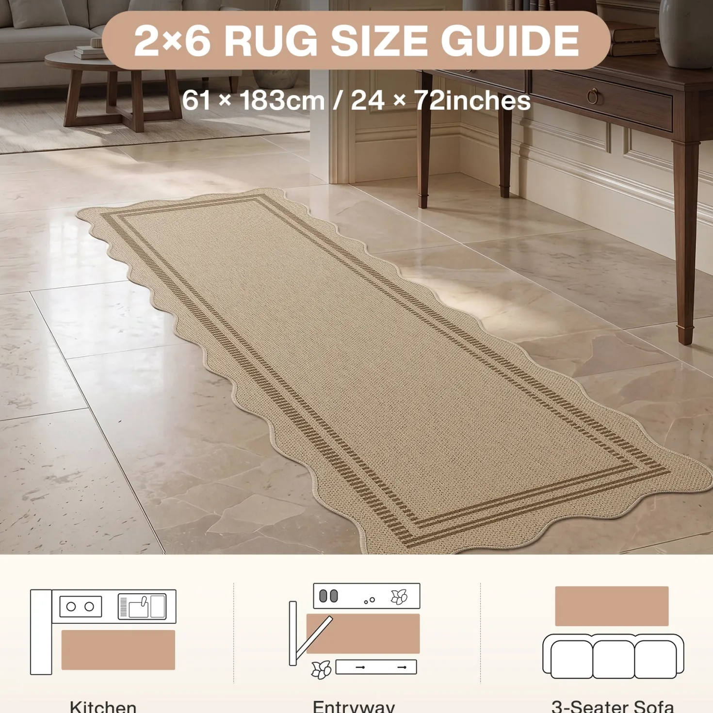 2x6/3x5/5x7 Scalloped Easy Jute Area Rugs, Tan/Checkered Washable Hallway Runner Non Slip Carpet, Oeko-Tex Certified