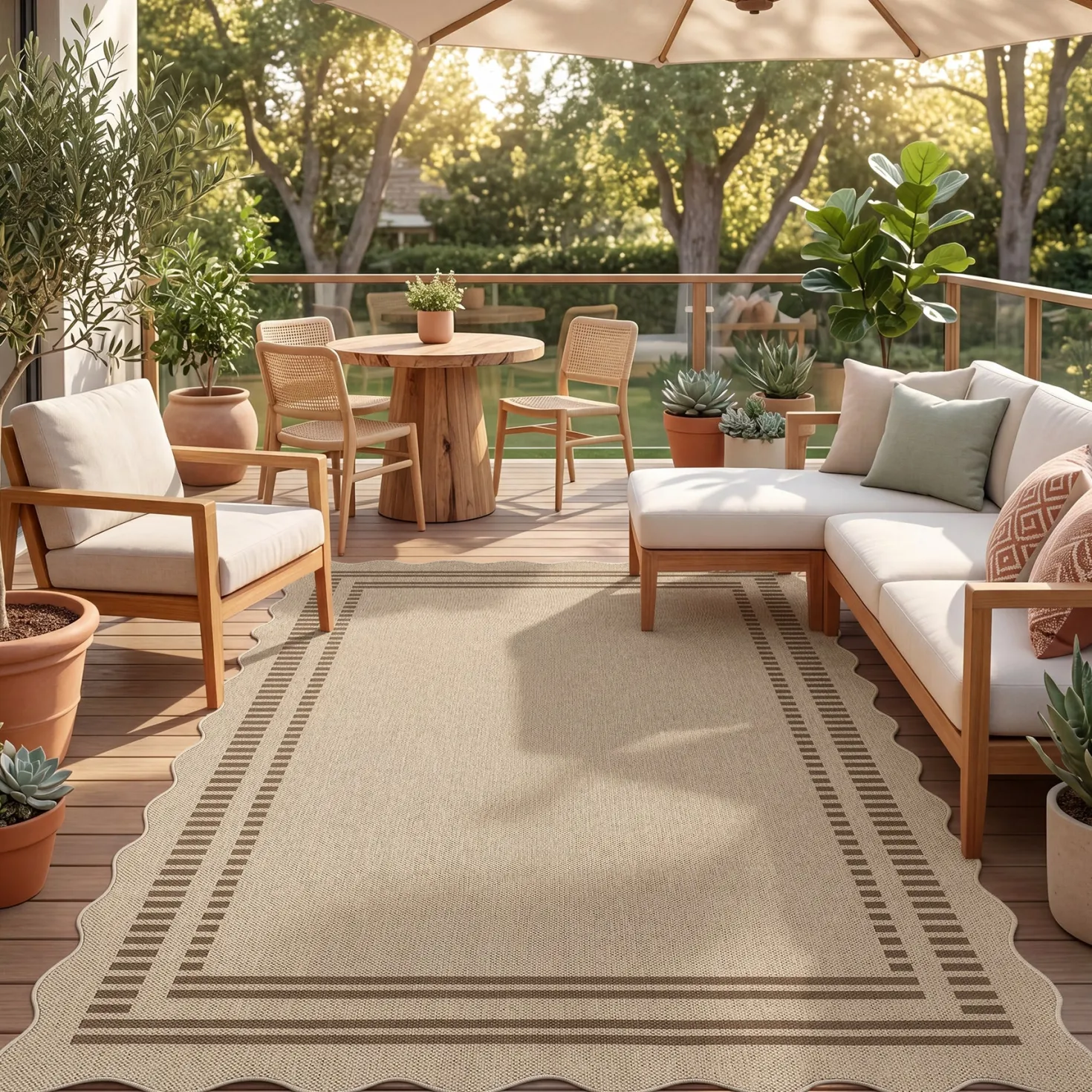2x6/3x5/5x7 Scalloped Easy Jute Area Rugs, Tan/Checkered Washable Hallway Runner Non Slip Carpet, Oeko-Tex Certified
