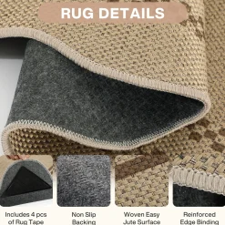 2x6/3x5/5x7 Scalloped Easy Jute Area Rugs, Tan/Checkered Washable Hallway Runner Non Slip Carpet, Oeko-Tex Certified