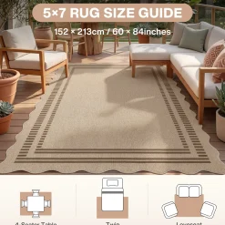 2x6/3x5/5x7 Scalloped Easy Jute Area Rugs, Tan/Checkered Washable Hallway Runner Non Slip Carpet, Oeko-Tex Certified