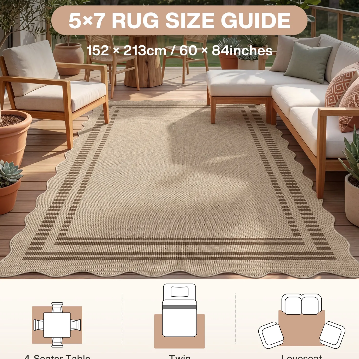 2x6/3x5/5x7 Scalloped Easy Jute Area Rugs, Tan/Checkered Washable Hallway Runner Non Slip Carpet, Oeko-Tex Certified