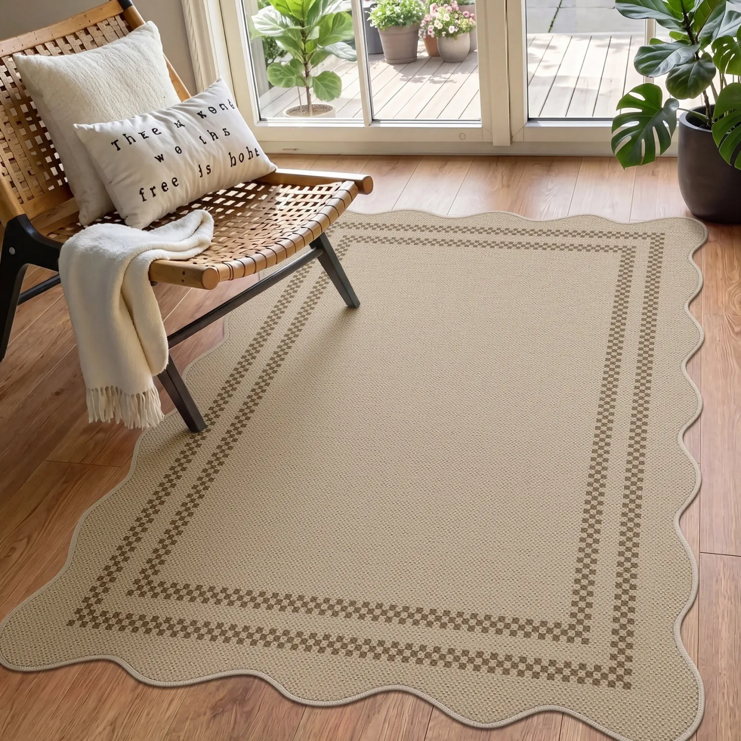 2x6/3x5/5x7 Scalloped Easy Jute Area Rugs, Tan/Checkered Washable Hallway Runner Non Slip Carpet, Oeko-Tex Certified