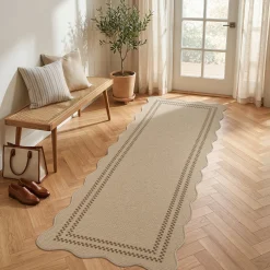 2x6/3x5/5x7 Scalloped Easy Jute Area Rugs, Tan/Checkered Washable Hallway Runner Non Slip Carpet, Oeko-Tex Certified