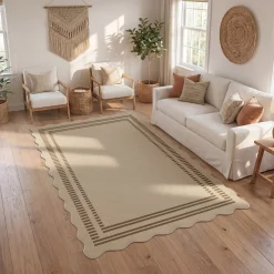 2x6/3x5/5x7 Scalloped Easy Jute Area Rugs, Tan/Checkered Washable Hallway Runner Non Slip Carpet, Oeko-Tex Certified