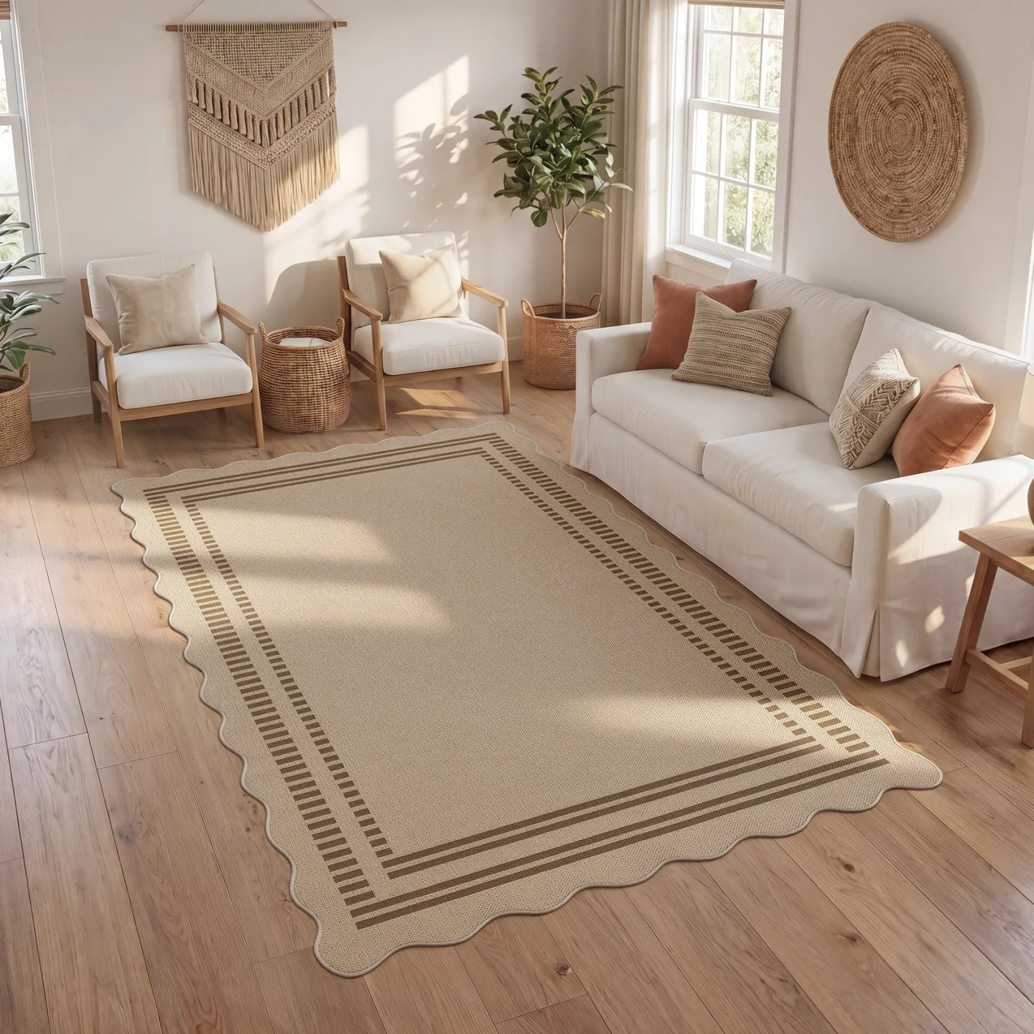 2x6/3x5/5x7 Scalloped Easy Jute Area Rugs, Tan/Checkered Washable Hallway Runner Non Slip Carpet, Oeko-Tex Certified