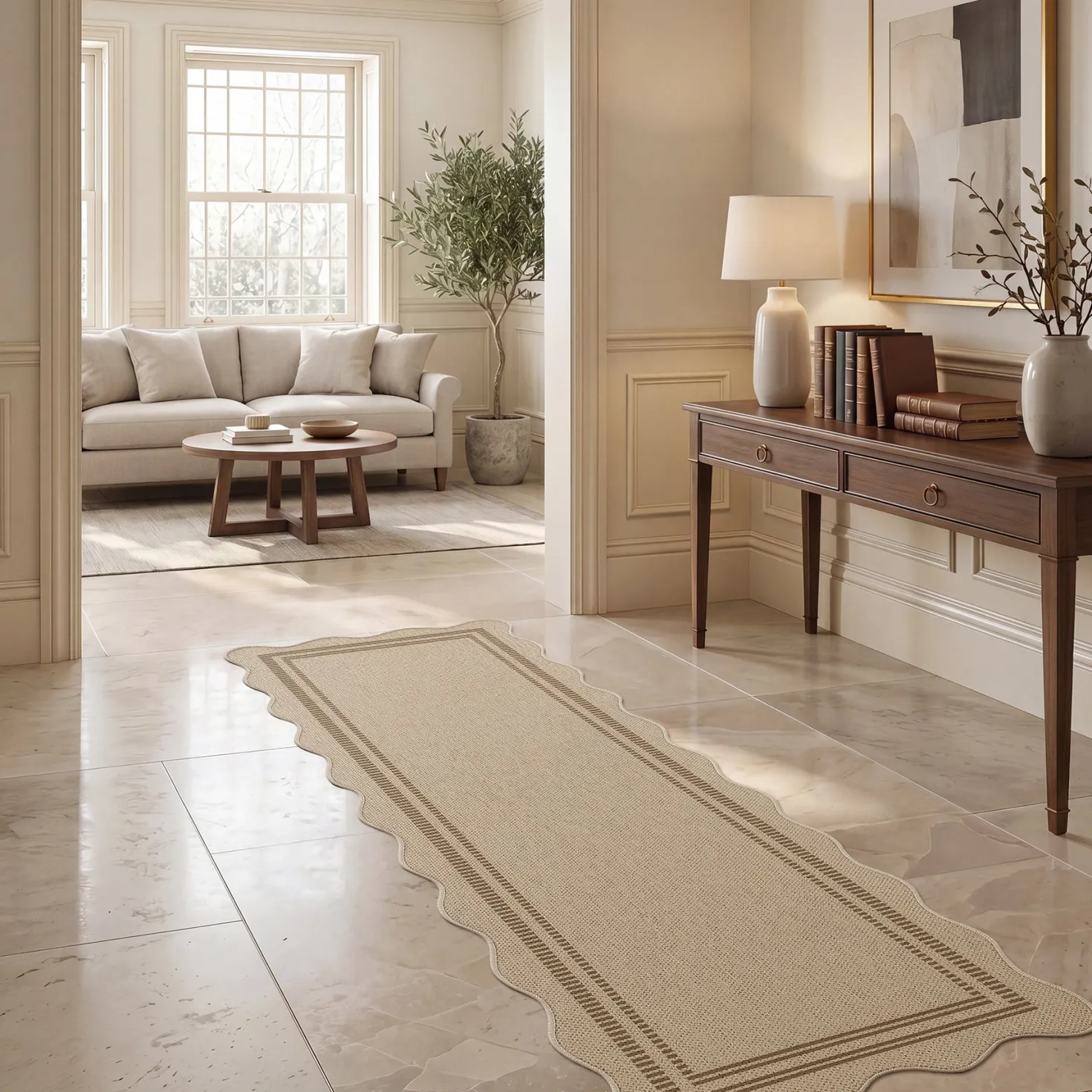 2x6/3x5/5x7 Scalloped Easy Jute Area Rugs, Tan/Checkered Washable Hallway Runner Non Slip Carpet, Oeko-Tex Certified