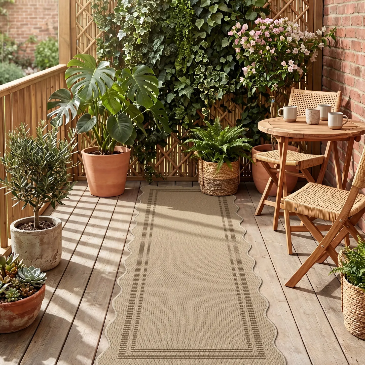 2x6/3x5/5x7 Scalloped Easy Jute Area Rugs, Tan/Checkered Washable Hallway Runner Non Slip Carpet, Oeko-Tex Certified