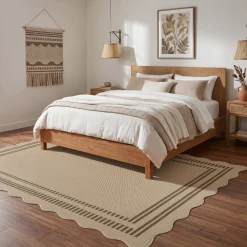 2x6/3x5/5x7 Scalloped Easy Jute Area Rugs, Tan/Checkered Washable Hallway Runner Non Slip Carpet, Oeko-Tex Certified