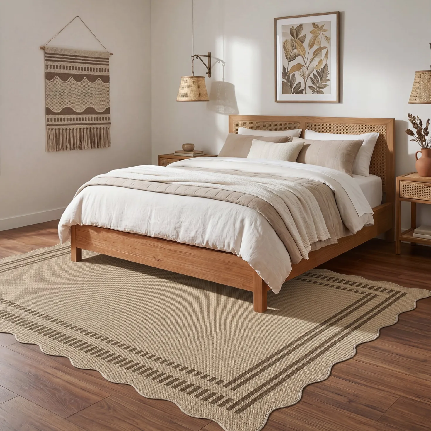 2x6/3x5/5x7 Scalloped Easy Jute Area Rugs, Tan/Checkered Washable Hallway Runner Non Slip Carpet, Oeko-Tex Certified