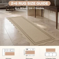 2x6/3x5/5x7 Scalloped Easy Jute Area Rugs, Tan/Checkered Washable Hallway Runner Non Slip Carpet, Oeko-Tex Certified