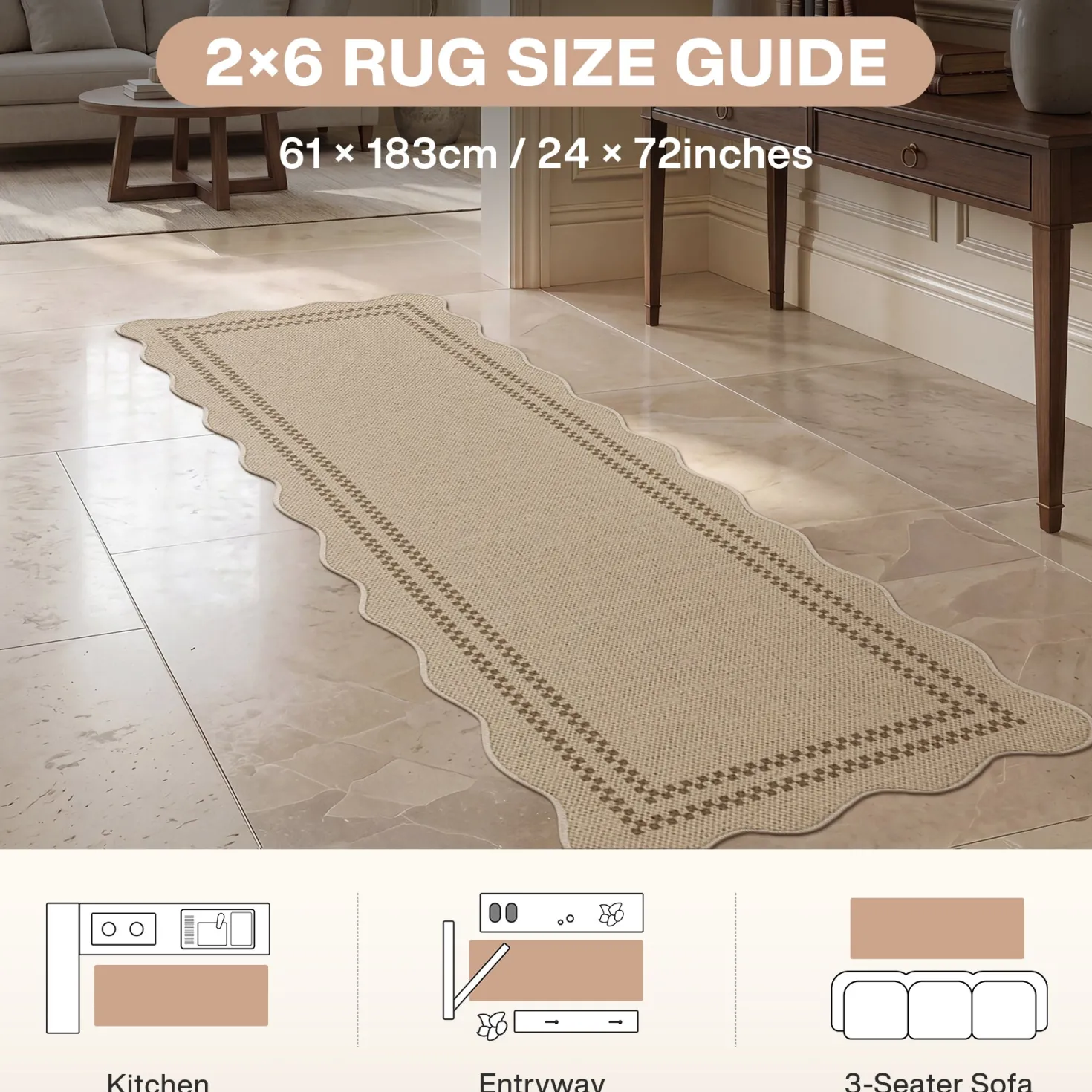 2x6/3x5/5x7 Scalloped Easy Jute Area Rugs, Tan/Checkered Washable Hallway Runner Non Slip Carpet, Oeko-Tex Certified