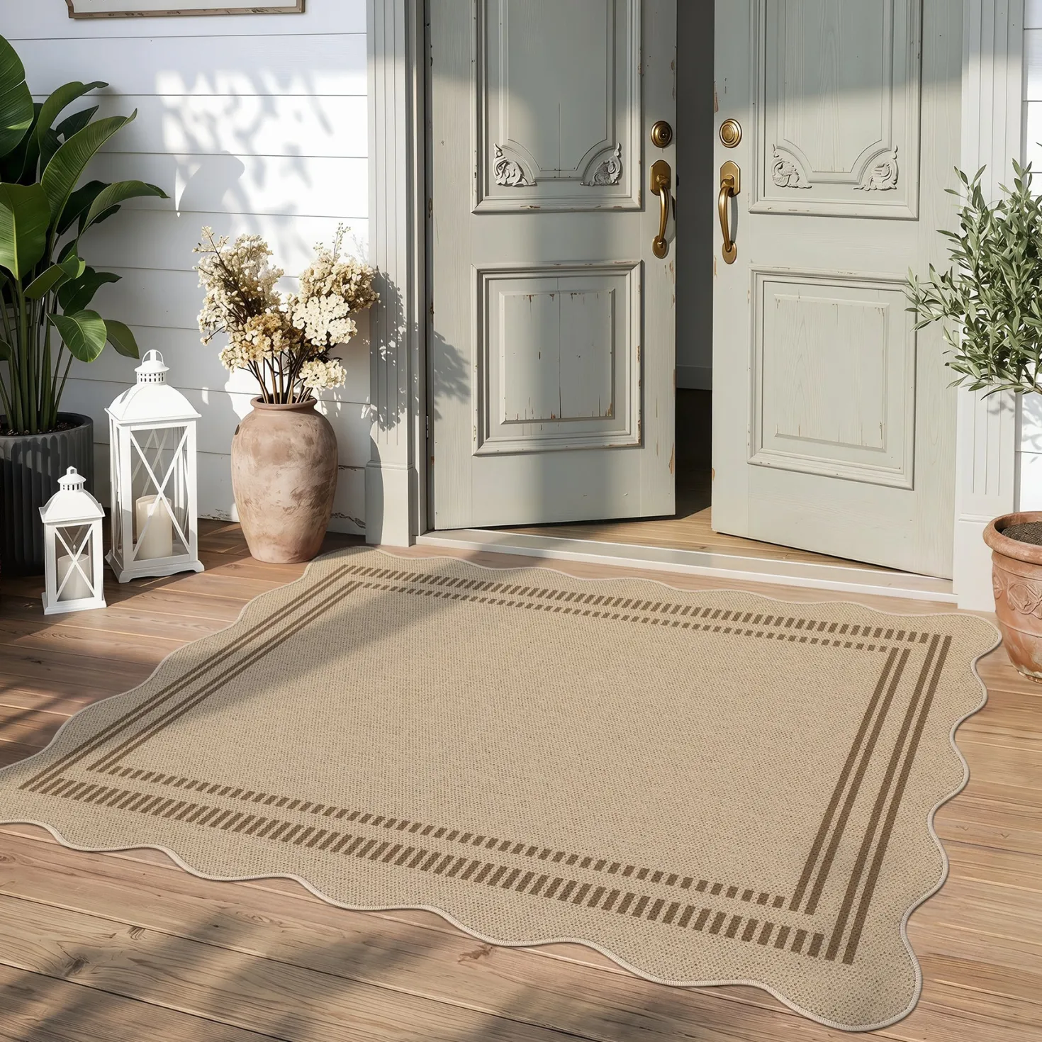 2x6/3x5/5x7 Scalloped Easy Jute Area Rugs, Tan/Checkered Washable Hallway Runner Non Slip Carpet, Oeko-Tex Certified