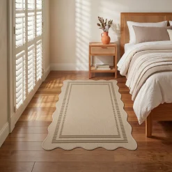 2x6/3x5/5x7 Scalloped Easy Jute Area Rugs, Tan/Checkered Washable Hallway Runner Non Slip Carpet, Oeko-Tex Certified
