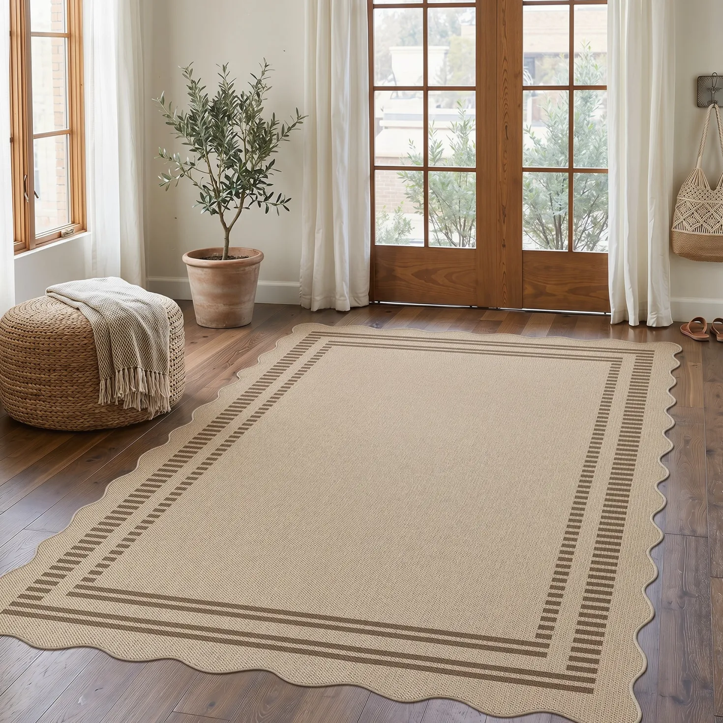 2x6/3x5/5x7 Scalloped Easy Jute Area Rugs, Tan/Checkered Washable Hallway Runner Non Slip Carpet, Oeko-Tex Certified