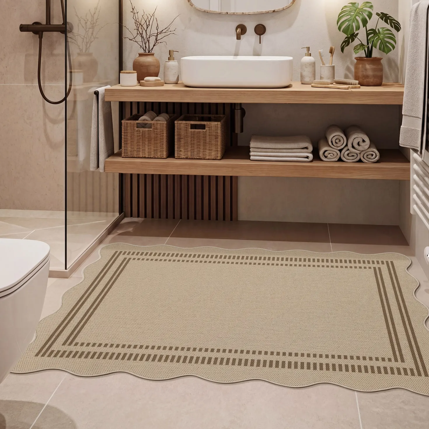 2x6/3x5/5x7 Scalloped Easy Jute Area Rugs, Tan/Checkered Washable Hallway Runner Non Slip Carpet, Oeko-Tex Certified