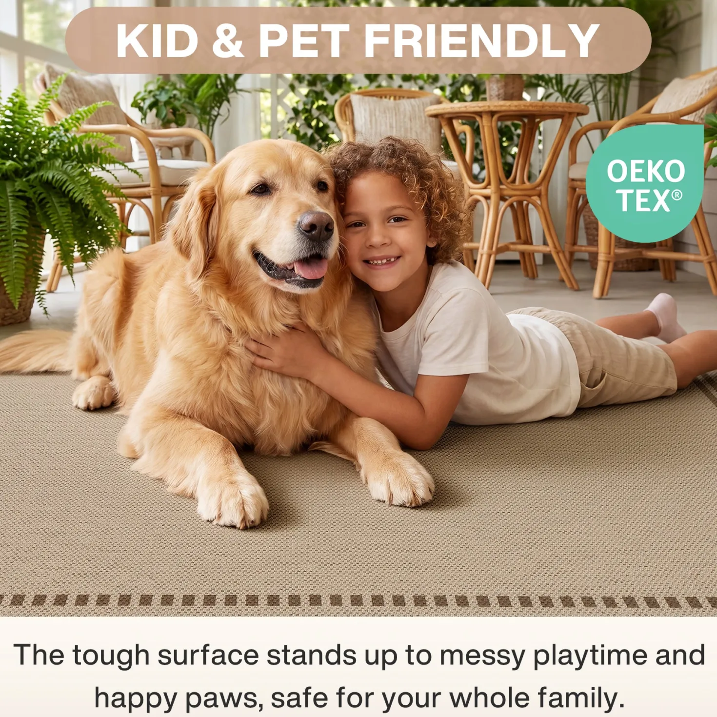 2x6/3x5/5x7 Scalloped Easy Jute Area Rugs, Tan/Checkered Washable Hallway Runner Non Slip Carpet, Oeko-Tex Certified