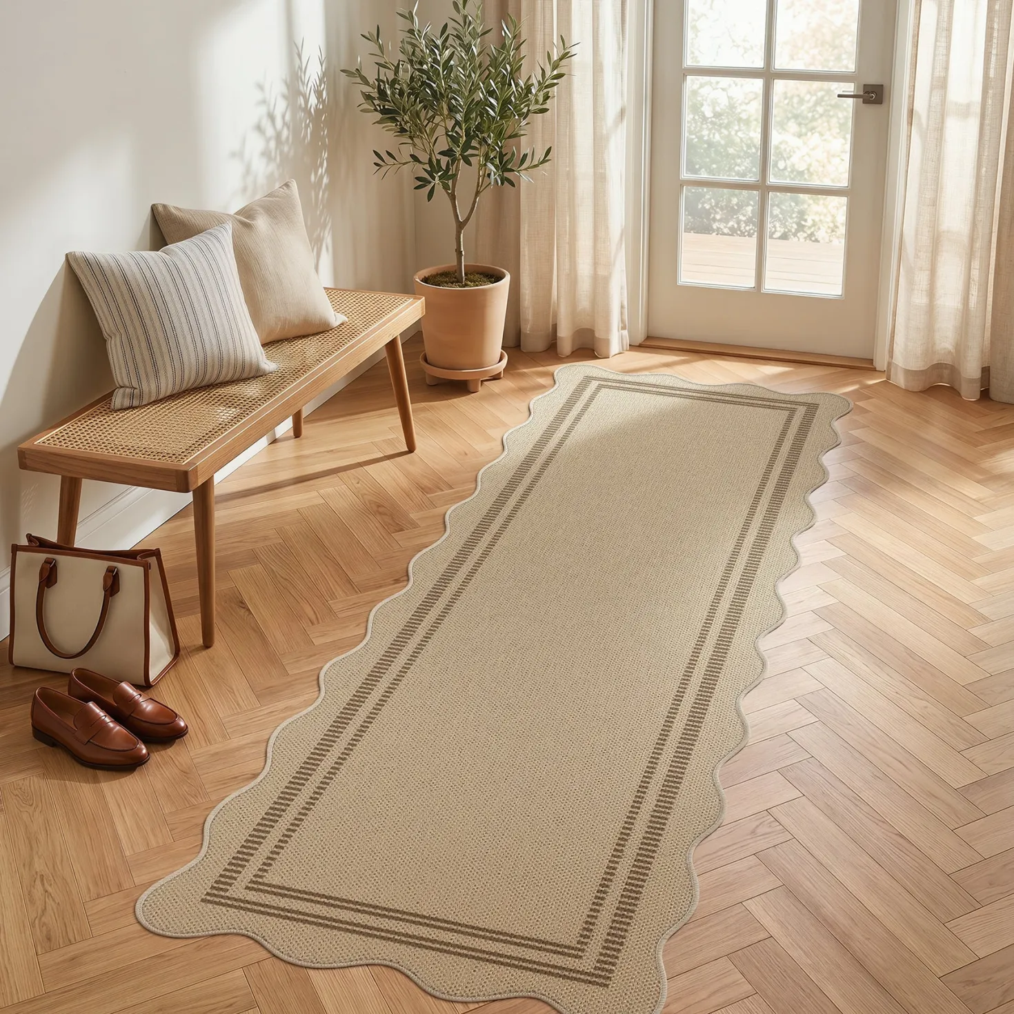 2x6/3x5/5x7 Scalloped Easy Jute Area Rugs, Tan/Checkered Washable Hallway Runner Non Slip Carpet, Oeko-Tex Certified