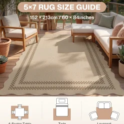2x6/3x5/5x7 Scalloped Easy Jute Area Rugs, Tan/Checkered Washable Hallway Runner Non Slip Carpet, Oeko-Tex Certified