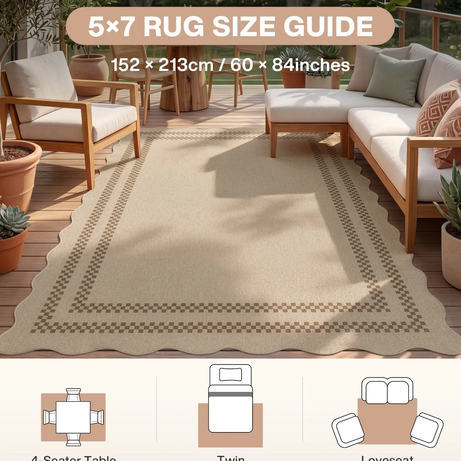 2x6/3x5/5x7 Scalloped Easy Jute Area Rugs, Tan/Checkered Washable Hallway Runner Non Slip Carpet, Oeko-Tex Certified