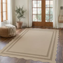 2x6/3x5/5x7 Scalloped Easy Jute Area Rugs, Tan/Checkered Washable Hallway Runner Non Slip Carpet, Oeko-Tex Certified