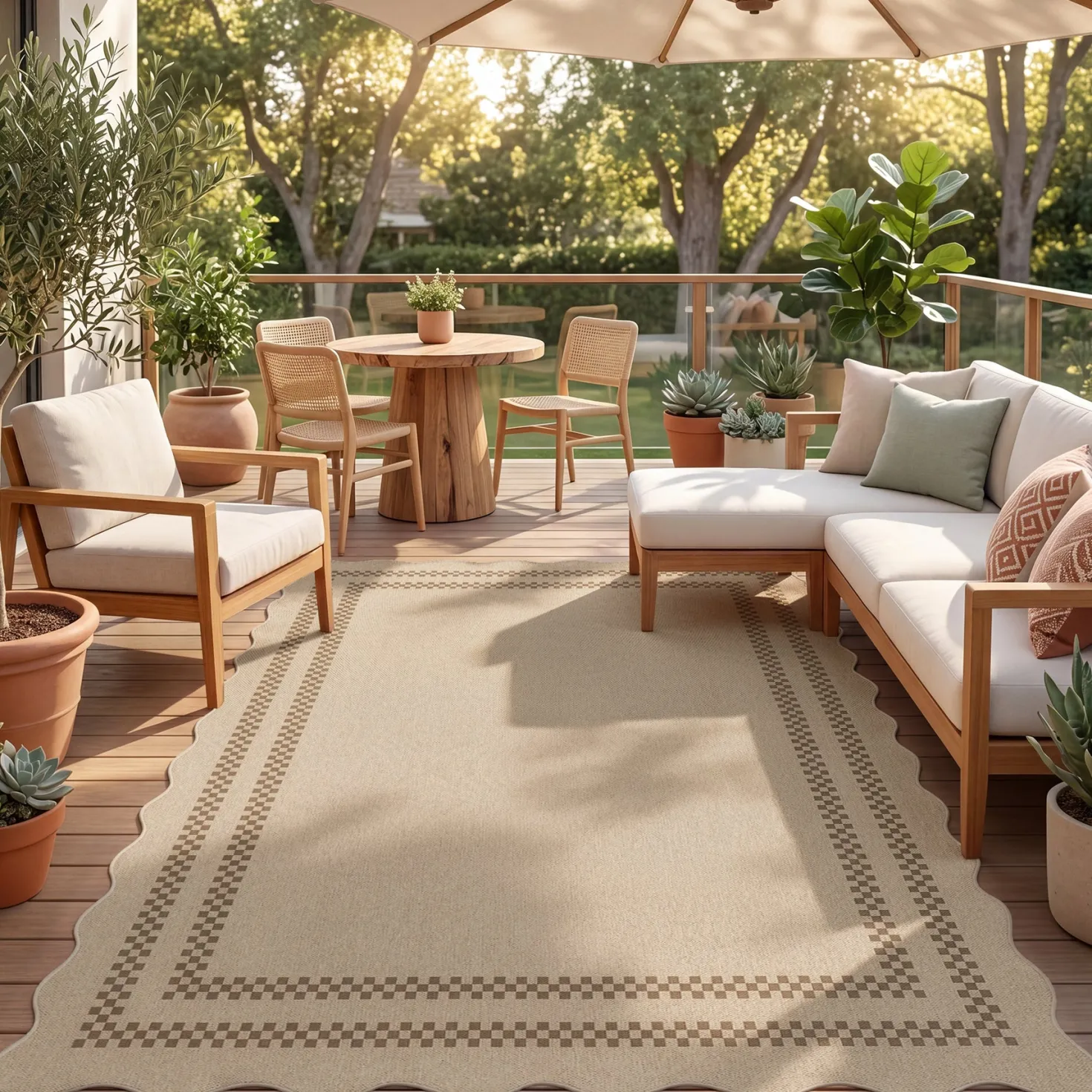 2x6/3x5/5x7 Scalloped Easy Jute Area Rugs, Tan/Checkered Washable Hallway Runner Non Slip Carpet, Oeko-Tex Certified